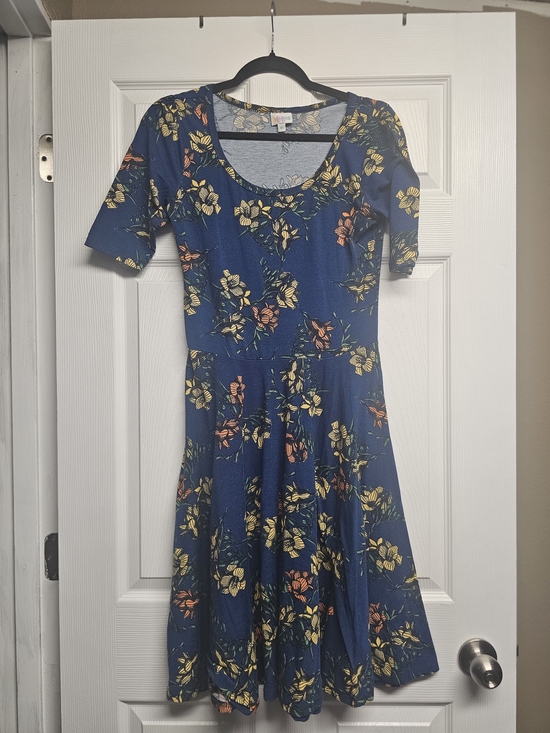 LuLaRoe Dresses & Skirts - LuLaRoe Navy Floral Scoop-Neck Midi Dress with Yellow & Coral Blooms